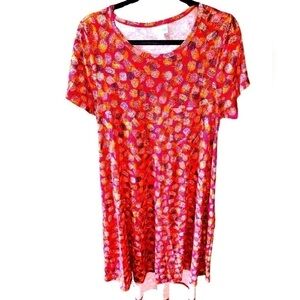 Lularoe medium brick red Carly dress with tree print. Swing dress, hi/lo hem,NWT